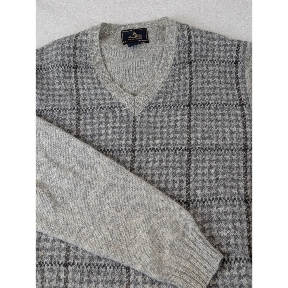 Brooks Brothers Shetland Houndstooth V-Neck Sweater Mens Large Grey Plaid Preppy